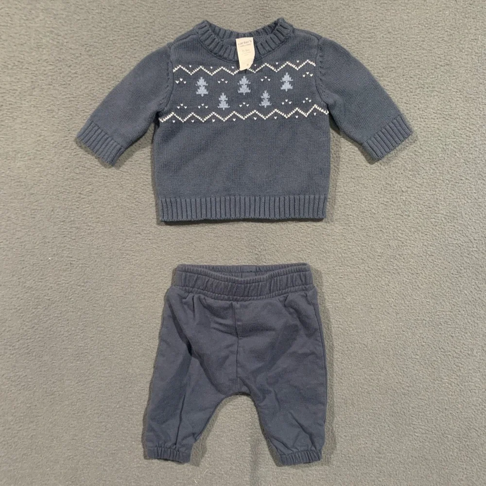 Carters Child of Mine Baby Boy Blue Fair Isle‎ Tree Sweater and Pants Set 0-3M